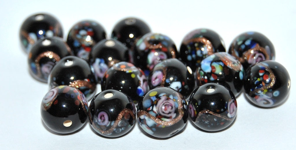 Czech Glass Hand Made Round Lampwork Beads With Flower And Aventurine, (E), Glass, Czech Republic