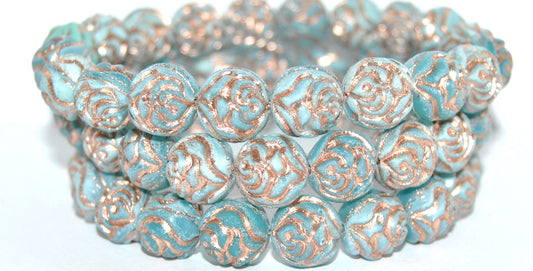 Round Rose Pressed Glass Beads, Opal Aqua 54200 (61300 54200), Glass, Czech Republic