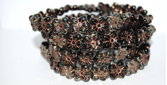 Flower Pressed Glass Beads, Black 43 54200 (23980 43 54200), Glass, Czech Republic