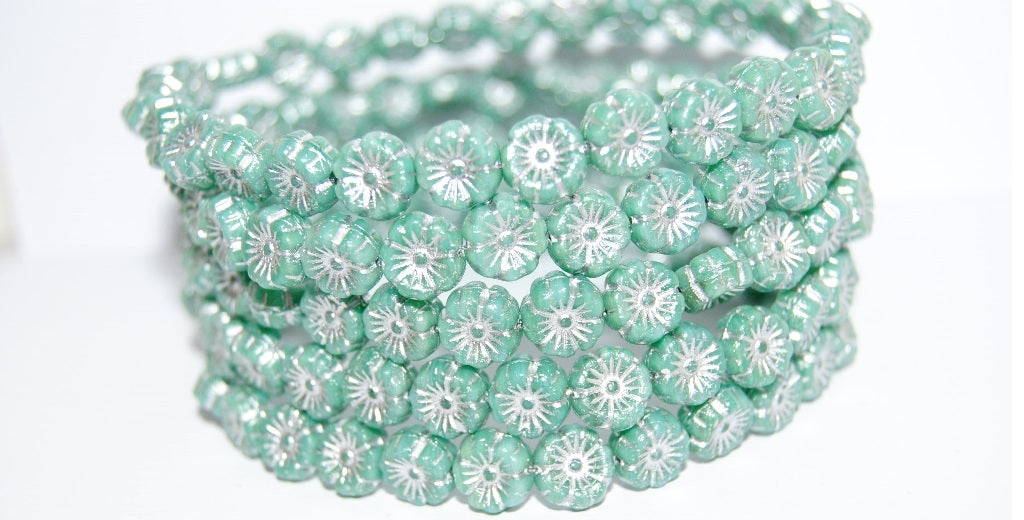 Hawaii Flower Pressed Glass Beads, Opal Aqua 54201 (61300 54201), Glass, Czech Republic