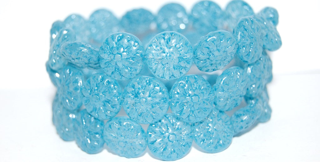 Round Flower Edelweiss Pressed Glass Beads, (Lava Glass Aqua), Glass, Czech Republic
