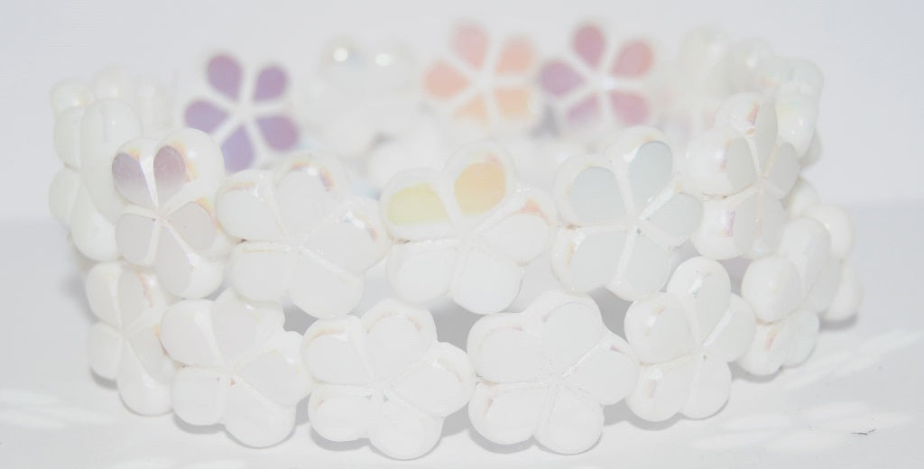 Table Cut Flower Beads, White Ab 2X (2010 Ab 2X), Glass, Czech Republic