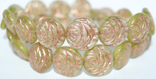 Round Flat Rose Flower Pressed Glass Beads, Transparent Yellow 54200 (80130 54200), Glass, Czech Republic