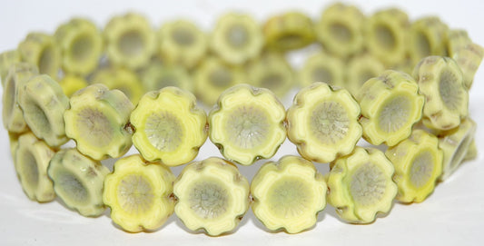 Table Cut Round Beads Hawaii Flowers, 87553 Luster Cream (87553 14401), Glass, Czech Republic