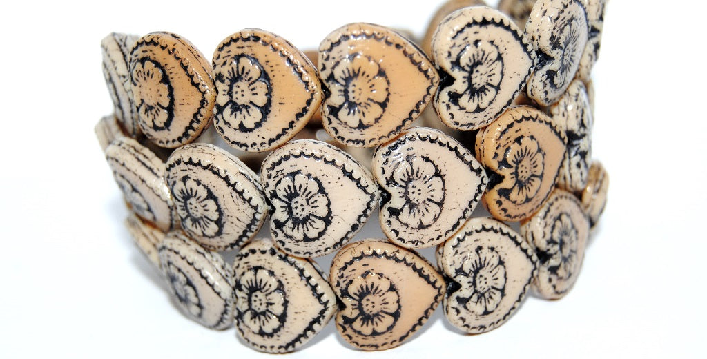 Heart With Flower Pressed Glass Beads, Beige 46769 (13020 46769), Glass, Czech Republic