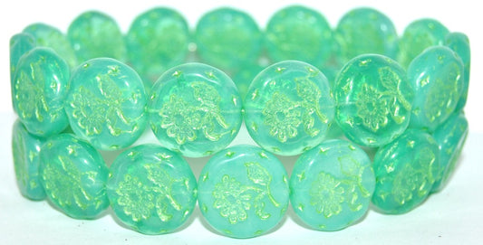 Round Flat With Flower Marguerite Pressed Glass Beads, Opal Aqua 43813 Uranium (61100 43813 Uranium), Glass, Czech Republic
