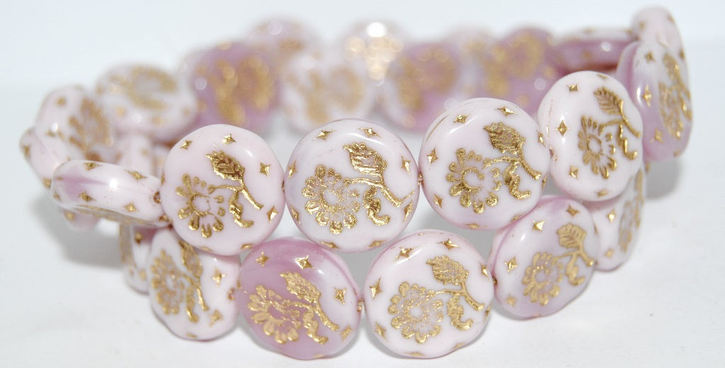 Round Flat With Flower Marguerite Pressed Glass Beads, (73010B 54202), Glass, Czech Republic