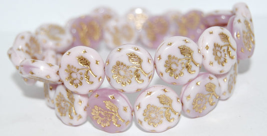 Round Flat With Flower Marguerite Pressed Glass Beads, (73010B 54202), Glass, Czech Republic