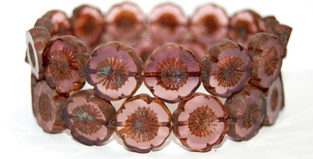 Table Cut Round Beads Hawaii Flowers, Opal Pink Travertin (71010 86800), Glass, Czech Republic