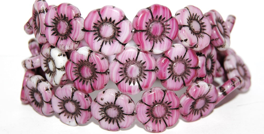 Round Flat Flower Pressed Glass Beads, (75000 23202), Glass, Czech Republic