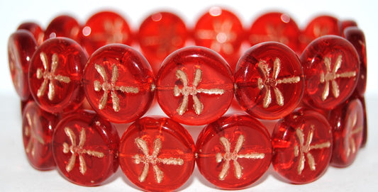 Round Flat Wit Dragonfly Pressed Glass Beads, Transparent Red 54200 (90060 54200), Glass, Czech Republic