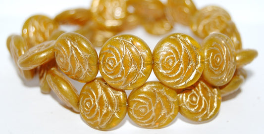 Round Flat Rose Flower Pressed Glass Beads, Opal Yellow 54202 (81210 54202), Glass, Czech Republic