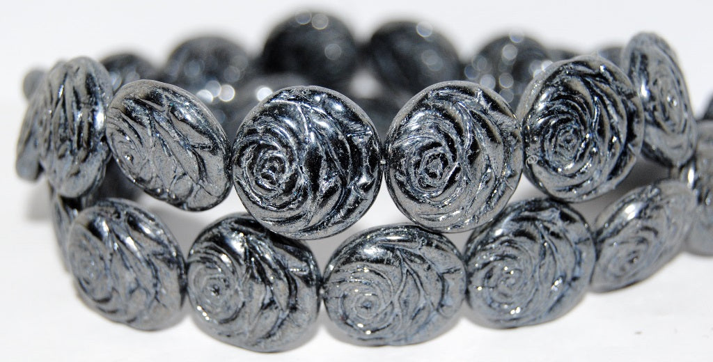 Round Flat Rose Flower Pressed Glass Beads, Black Hematite (23980 14400), Glass, Czech Republic