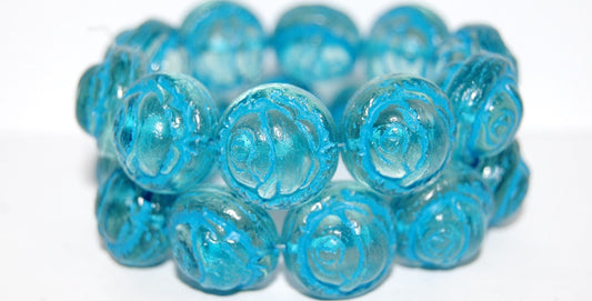 Round With Rose Flower Pressed Glass Beads, Transparent Aqua 46460 (60110 46460), Glass, Czech Republic