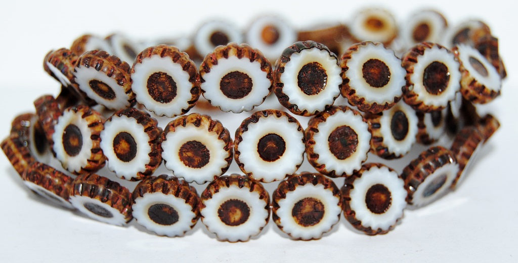 Table Cut Round Flower Beads Daisy, Dark Beige Travertin (7193 86800), Glass, Czech Republic