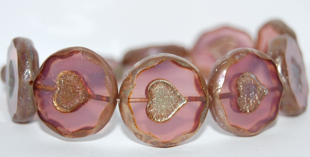 Table Cut Round Beads With Heart, Opal Pink 43400 (71010 43400), Glass, Czech Republic