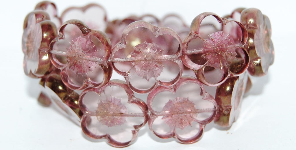 Table Cut Flower Beads Hibiscus, 21 Transparent Light Amethyst Luster Red Full Coated (21 20020 14495), Glass, Czech Republic