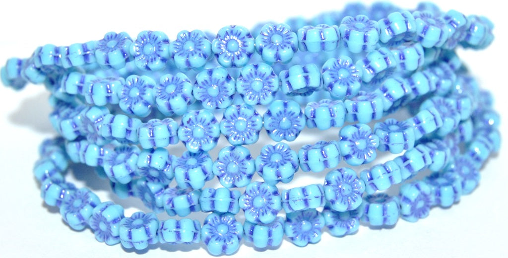 Hawaii Flower Pressed Glass Beads, Turquoise Blue 43810 Metalic (63030 43810 Metalic), Glass, Czech Republic