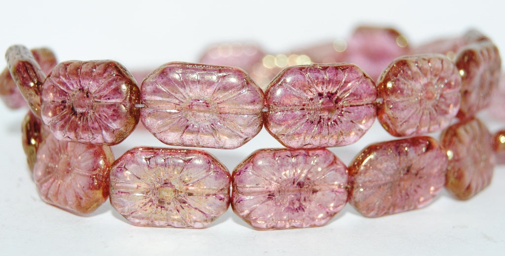 Rounded Rectangle With Flower Pressed Glass Beads, Crystal Luster Red Full Coated (30 14495), Glass, Czech Republic