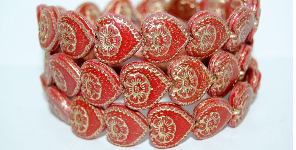 Heart With Flower Pressed Glass Beads, Red 54202 (93190 54202), Glass, Czech Republic