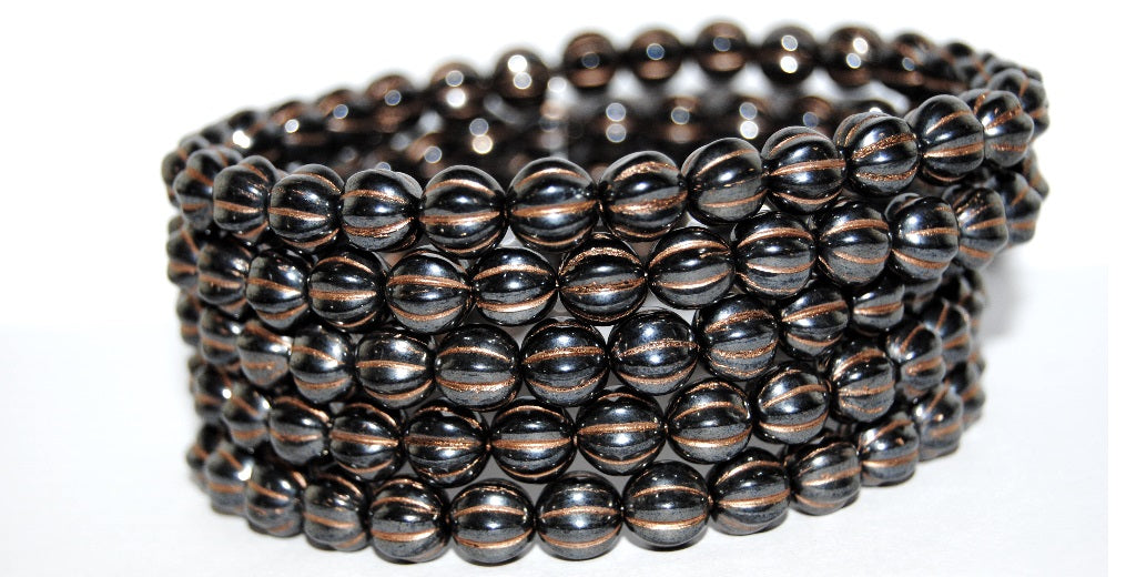 Melon Round Pressed Glass Beads With Stripes, Black 14454200 (23980 14454200), Glass, Czech Republic
