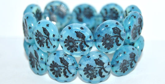 Round Flat With Flower Marguerite Pressed Glass Beads, Opal Aqua 46769 (61000 46769), Glass, Czech Republic