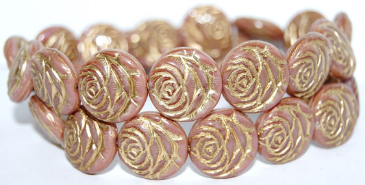 Round Flat Rose Flower Pressed Glass Beads, Opaque Pink 54202 (74000 54202), Glass, Czech Republic