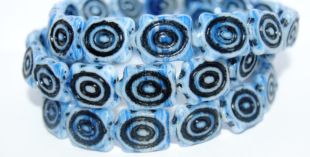 Spiral Turtle Pressed Glass Beads, Opaque White Blue Striped 46769 (35000 46769), Glass, Czech Republic