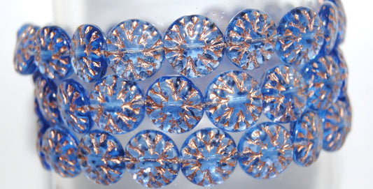 Round Flower Edelweiss Pressed Glass Beads, Transparent Blue 54200 (30020 54200), Glass, Czech Republic