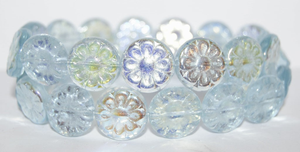 Flat Round With Flower Pressed Glass Beads, Transparent Blue Ab (30020 Ab), Glass, Czech Republic
