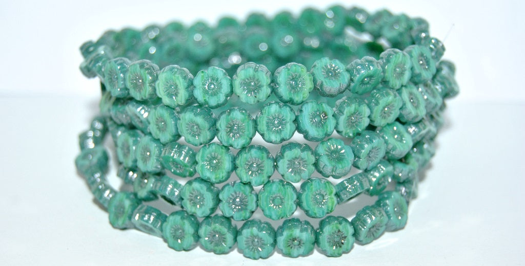 Table Cut Round Beads Hawaii Flowers, Opaque Green Luster Blue Full Coated (53130 14464), Glass, Czech Republic