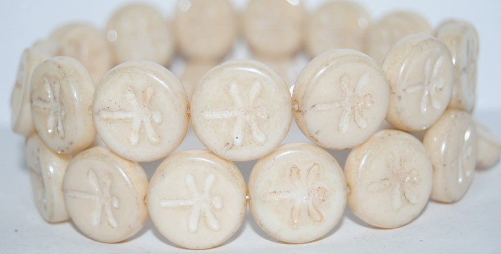 Round Flat Wit Dragonfly Pressed Glass Beads, White Luster Brown Full Coated (2010 14413), Glass, Czech Republic