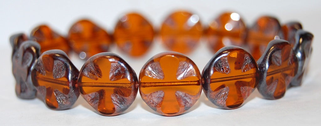 Table Cut Round Beads With Cross, Transparent Orange Hematite (10060 14400), Glass, Czech Republic