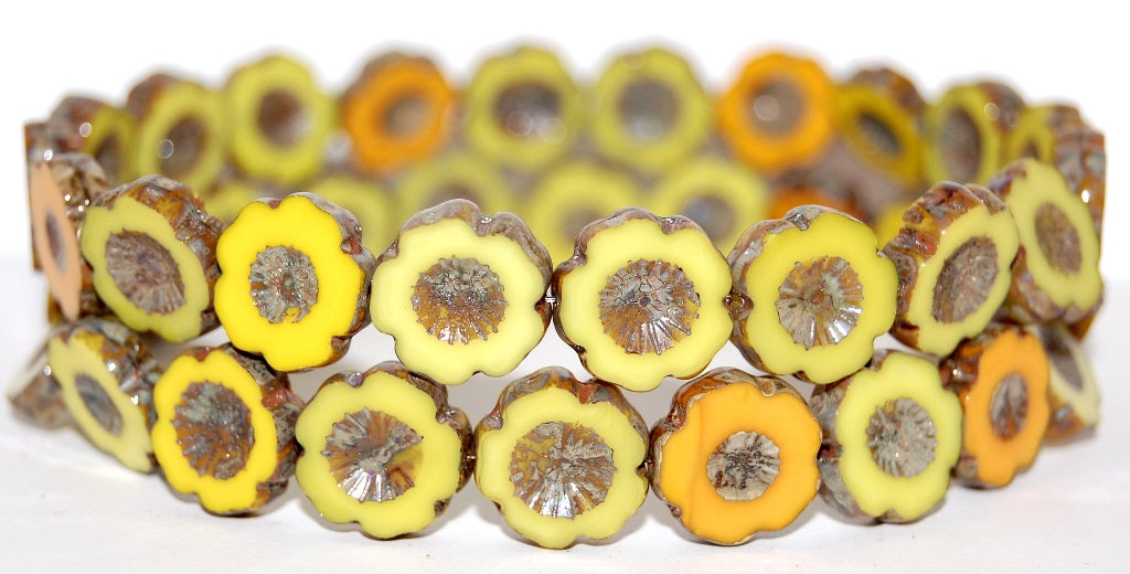 Table Cut Round Beads Hawaii Flowers, Mixed Colors Yellow 43400 (Mix Yellow 43400), Glass, Czech Republic