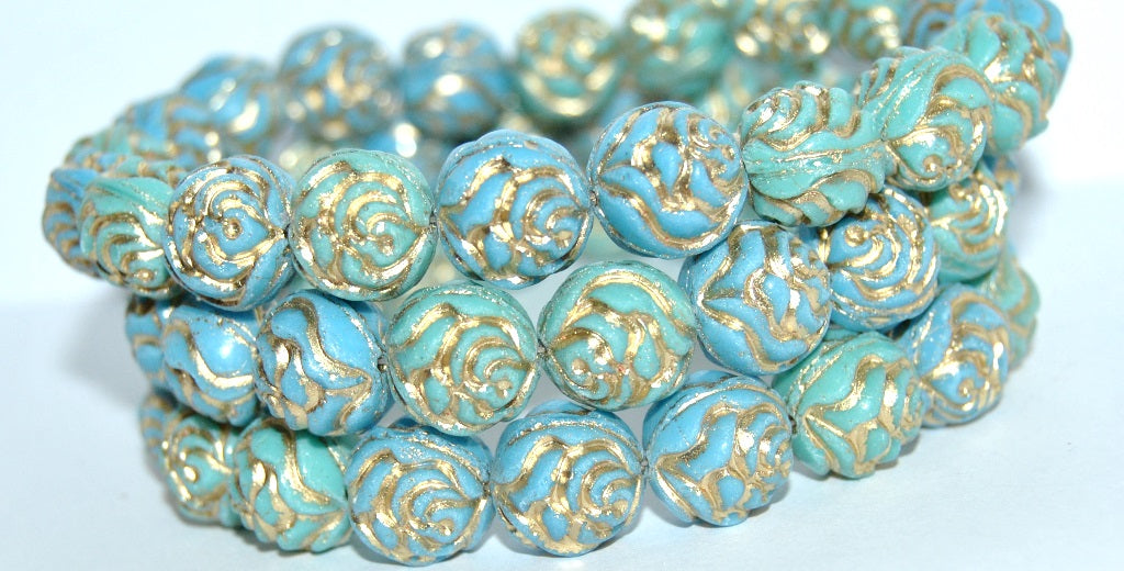 Round Rose Pressed Glass Beads, Mixed Colors Blue 54202 (Mix Blue 54202), Glass, Czech Republic