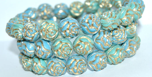 Round Rose Pressed Glass Beads, Mixed Colors Blue 54202 (Mix Blue 54202), Glass, Czech Republic