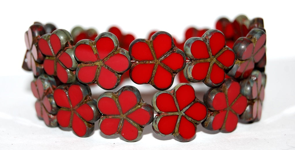 Table Cut Flower Beads, Opaque Red Travertin (93200 86800), Glass, Czech Republic