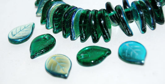 Leaf Pressed Glass Beads, Transparent Green Emerald Ab (50710 Ab), Glass, Czech Republic