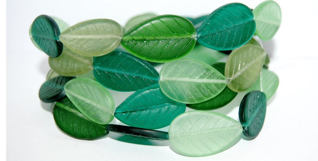 Leaf Pressed Glass Beads, Green Mixed Colors Silver Lined Crystal (Green Mix 1), Glass, Czech Republic