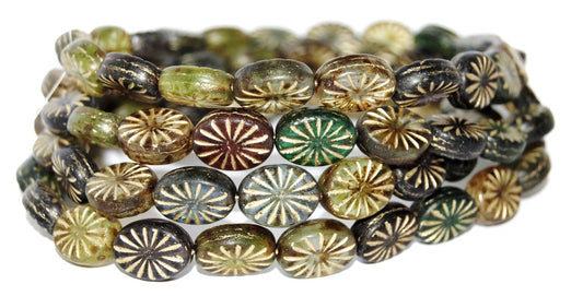 Flat Oval Pressed Glass Beads With Rays, Color Mixed Colors 8654202 (Color Mix 8654202), Glass, Czech Republic