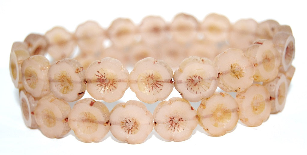 Table Cut Round Beads Hawaii Flowers, Opal Pink Travertin (71111 86800), Glass, Czech Republic