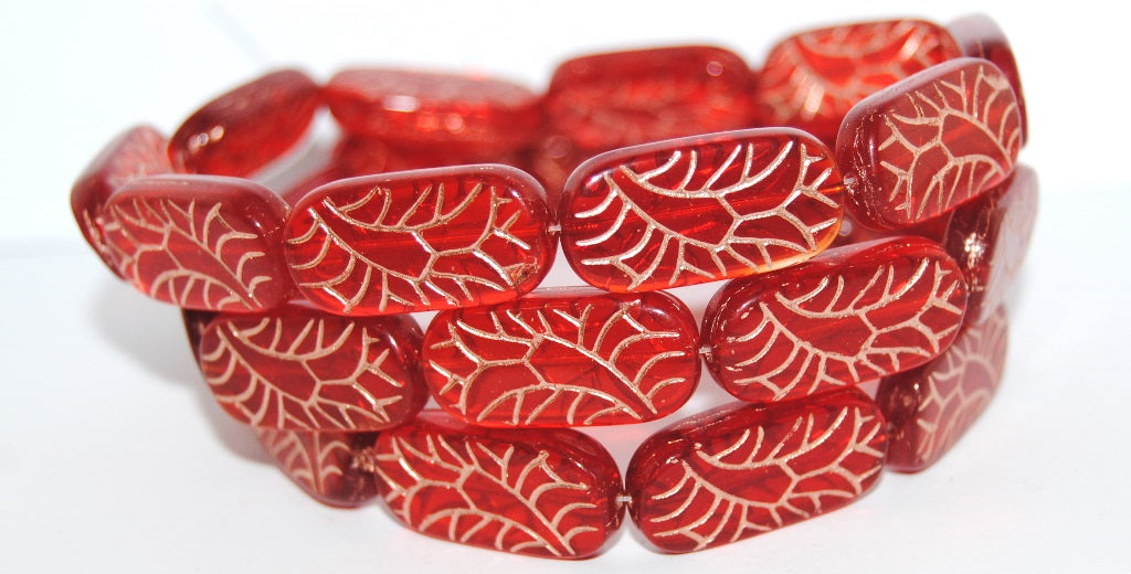 Rectangle With Ornament Pressed Glass Beads, Transparent Red 54200 (90060 54200), Glass, Czech Republic