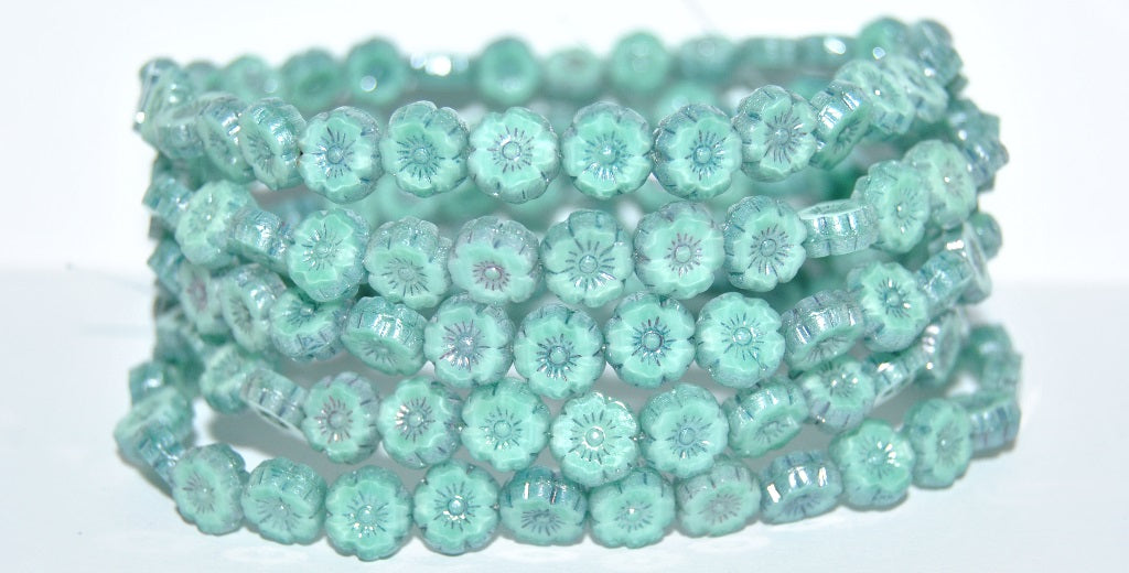 Table Cut Round Beads Hawaii Flowers, 56210 Luster Blue Full Coated (56210 14464), Glass, Czech Republic