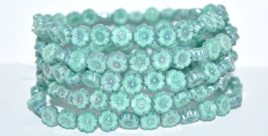 Table Cut Round Beads Hawaii Flowers, 56210 Luster Blue Full Coated (56210 14464), Glass, Czech Republic