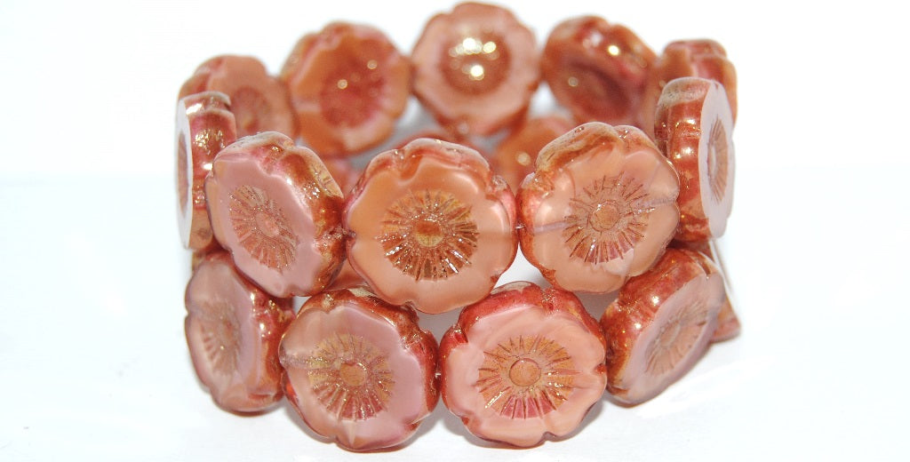 Table Cut Round Beads Hawaii Flowers, Opaque Pink Luster Red Full Coated (74020 14495), Glass, Czech Republic