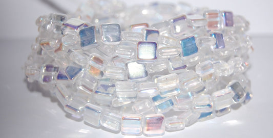 Flat Square Pressed Glass Beads, Crystal Ab (30 Ab), Glass, Czech Republic