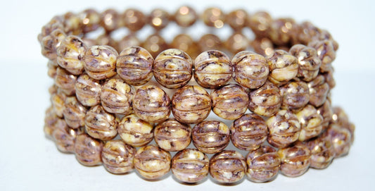 Melon Round Pressed Glass Beads With Stripes, Chalk White 15614 (3000 15614), Glass, Czech Republic