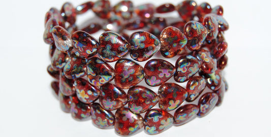 Heart Pressed Glass Beads, Mixed Colors Ruby Crack Flower (Mix Ruby Crack Flower), Glass, Czech Republic