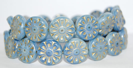 Flat Round With Flower Pressed Glass Beads, (7624 54202), Glass, Czech Republic