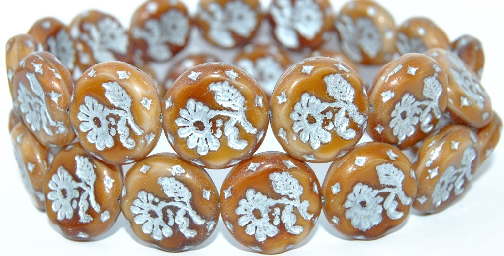 Round Flat With Flower Marguerite Pressed Glass Beads, (17113 54201), Glass, Czech Republic